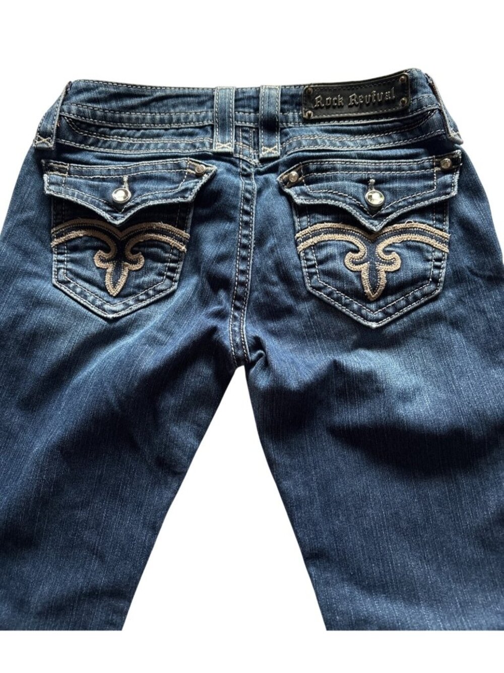 Rock Revival Elena Bootcut Jeans 27 Distressed Embroidered Flap Pockets Dark